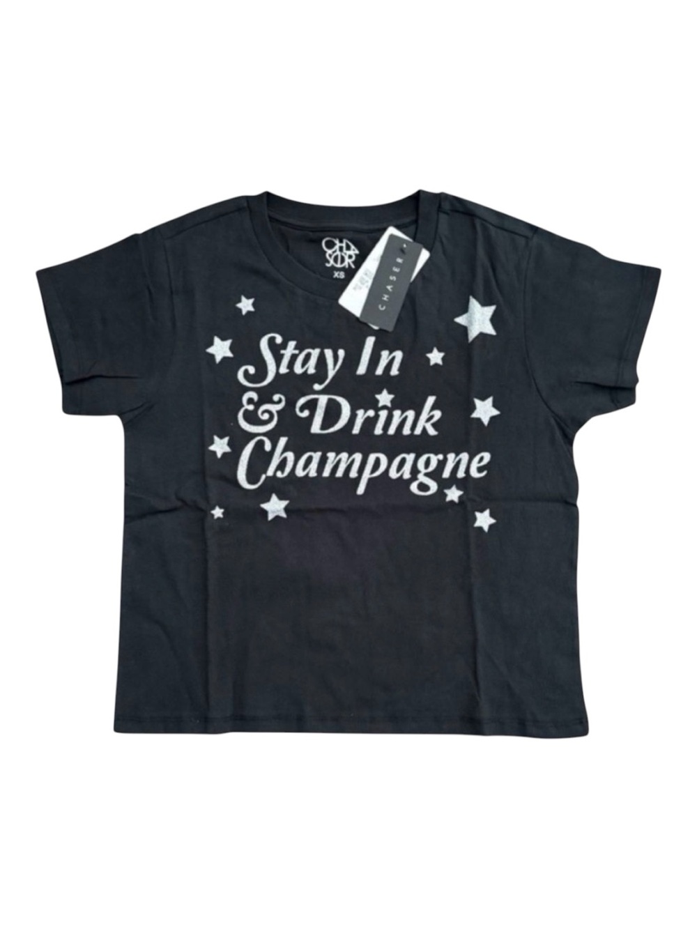Chaser Stay In & Drink Champagne Glitter Graphic Crop Tee Black NWT XS